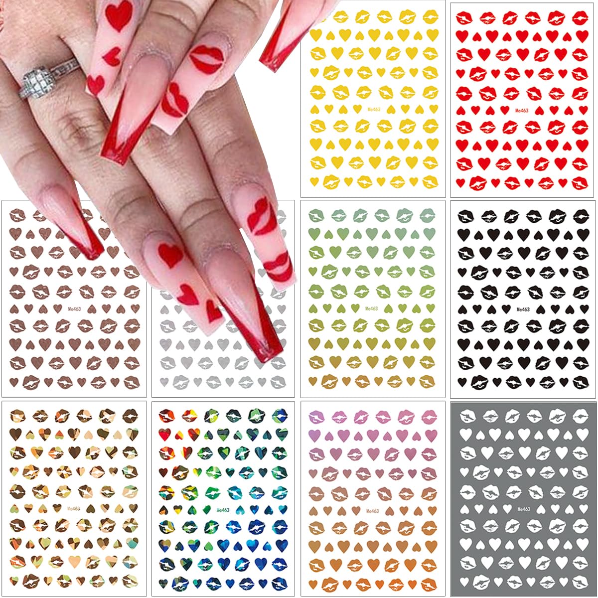 10 Sheets Valentine's Day Nail Art Stickers Sexy Lips Nail Decals 3D Holographic Heart Nail Stickers Self-Adhesive Design Black White Gold Silver Laser Valentines Stickers for Women Nail Decoration