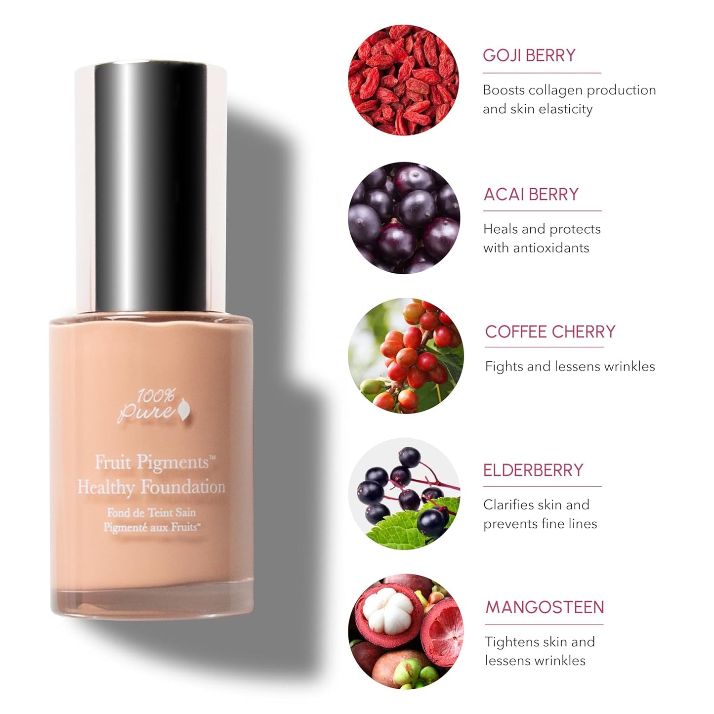 100% PURE Healthy Foundation Full Face Coverage Makeup, Liquid Matte Finish with Anti-Aging Benefits - Vegan Gorgeous Fruit Pigmented Sand Color (Light Medium with Neutral Undertone) - 1 Fl Oz