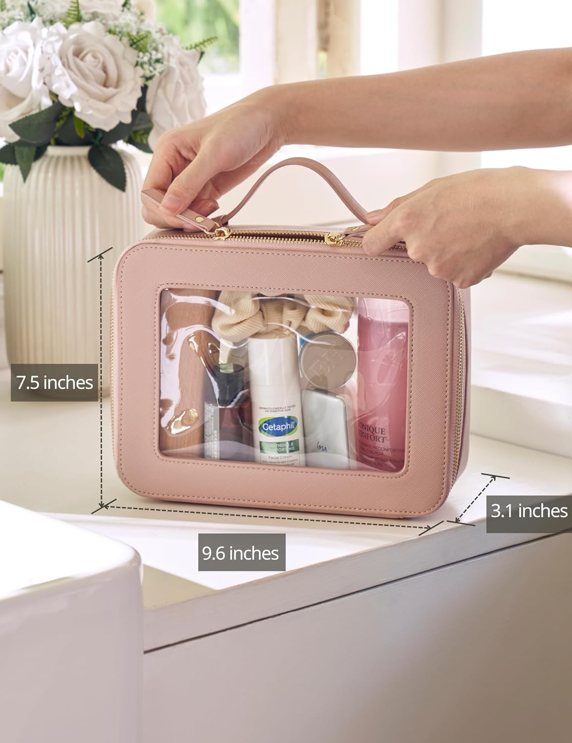 Popvibe Clear Makeup Bag Travel Cosmetic Case Transparent Toiletry Bag with Zipper, Portable Make Up Organizer Traveling Compact Car Bag for Essentials