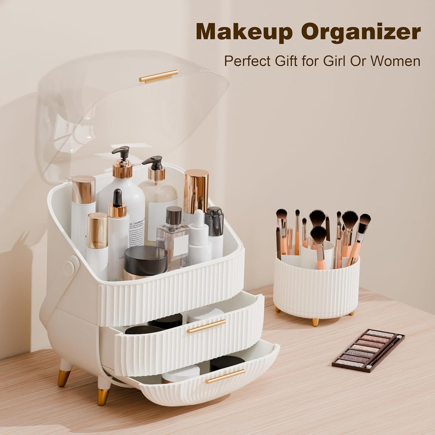 Makeup Organizers and Storage Make up Organizer for Vanity Cosmetics Skincare With Lid and Drawers Display Cases for Countertop Bathroom Women Teenager Girl Gifts(White+Brush Holder)