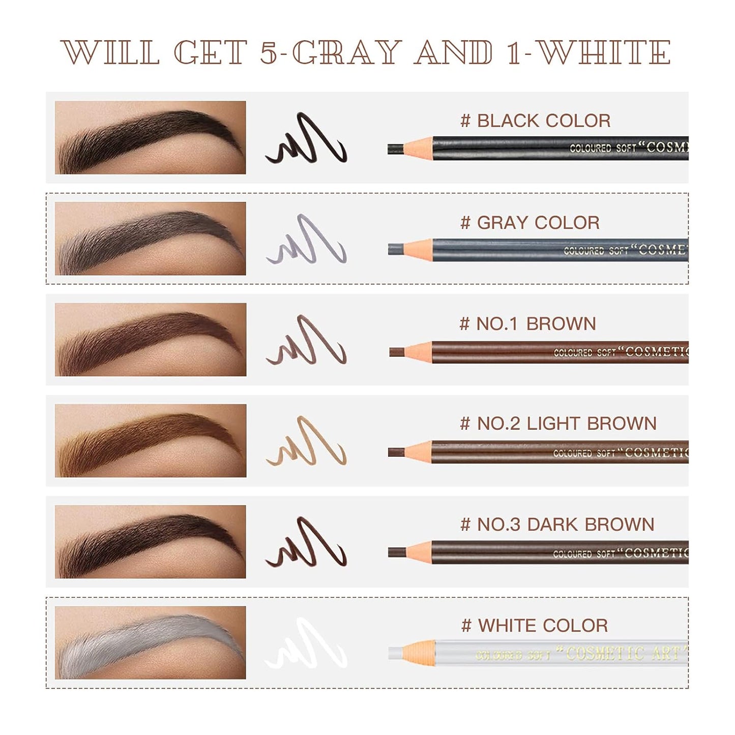 Waterproof Eye-Brows Pen-cil Set, Pull Cord Peel-off Eyebrow Pencil Microblading Eyebrow Pen Supplies Kit, White Eye-Liner Pencil and Eyebrows Tool Tattoo Makeup For Marking (5+1 Gray)