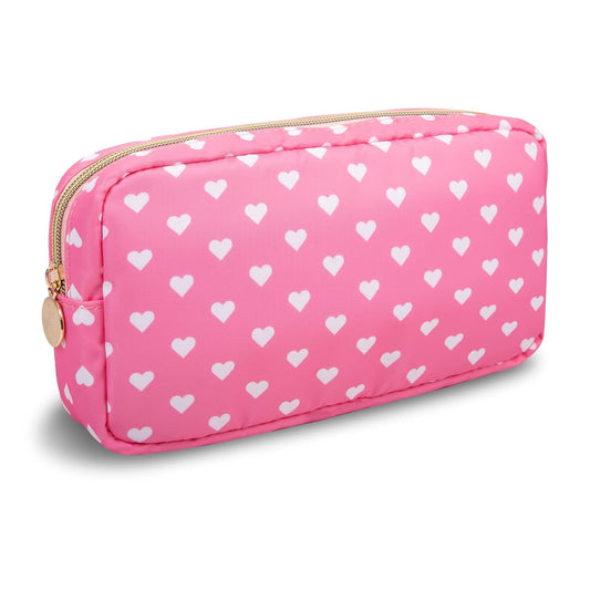 Small Makeup Pouch for Purse，Nylon Travel Toiletry Storage Cute Preppy Cosmetic Bag for Women Girls，Waterproof Makeup Organizer Pouch Skincare Purse with Zipper (Small-Pink Heart)