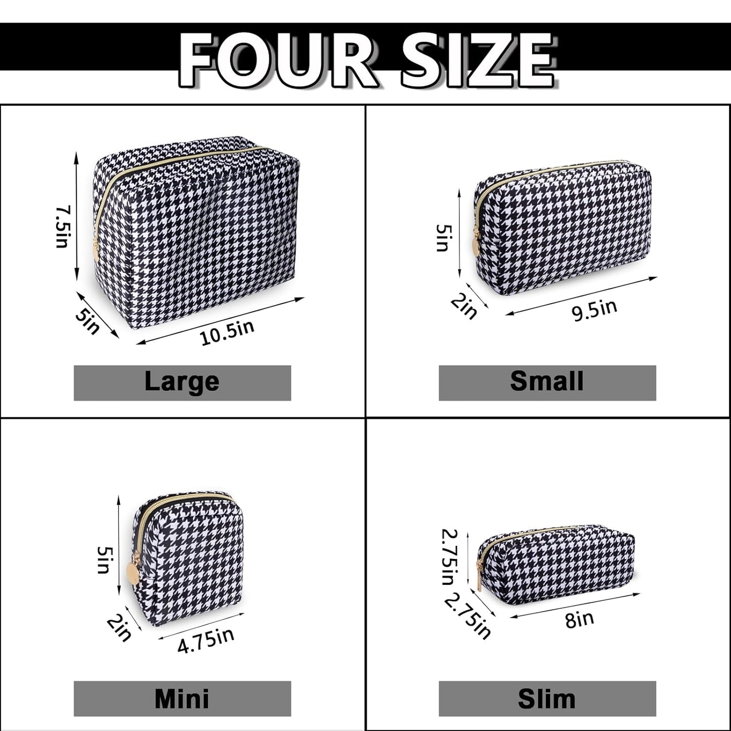 Large Makeup Pouch, Nylon Women Travel Toiletry Storage Houndstooth Cosmetic Bag for Girls, Big Preppy Makeup Organizer Cute Zipper Pouch Skincare Bag for Sport School (Large-Houndstooth)