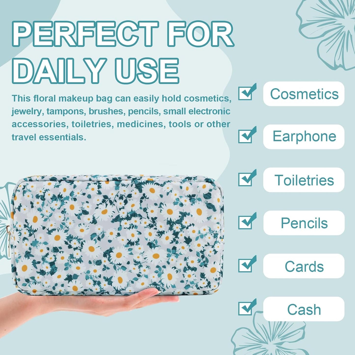 Waterproof Small Floral Makeup Bag Pouch for Purse,Nylon Flower Cosmetic Bag Preppy Travel Toiletry Storage Bag for Women Girl,Cute Makeup Organizer Bag Skincare Bag with Zipper(Small Green-Daisy)