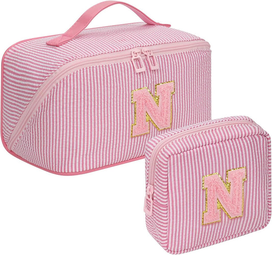 Travel Makeup Bag for Women, 2Pcs Portable Personalized Initial Makeup Organizer Bag, Open Flat Large Cosmetic Bag With Travel Essential Pouch (Pink Letter N)