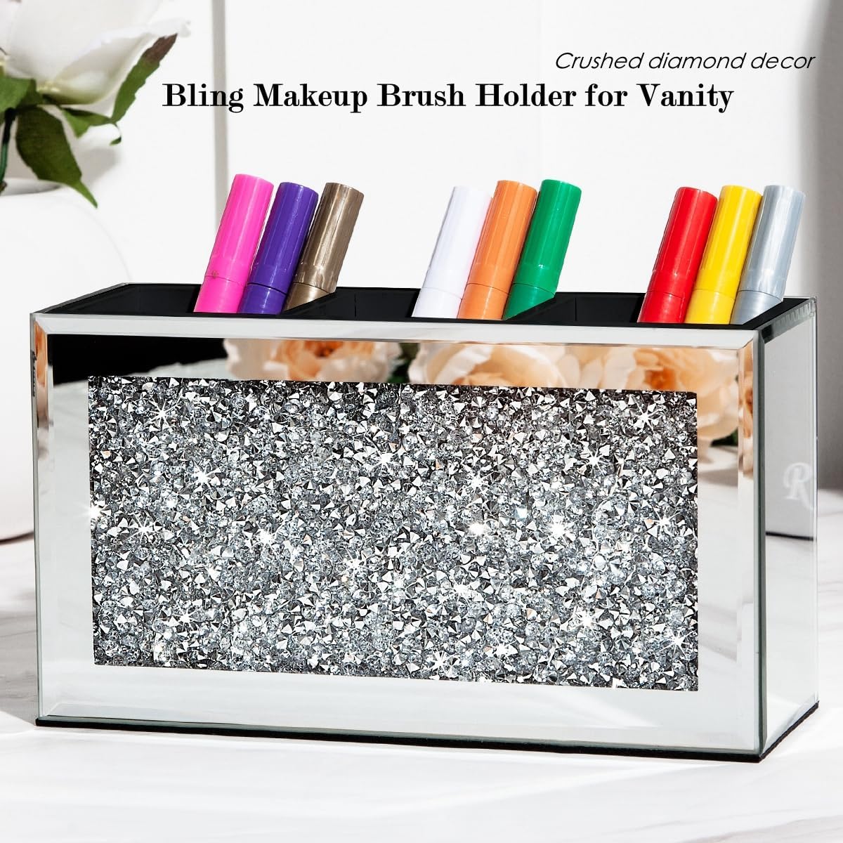 SHYFOY Mirrored Makeup Brush Holder Organizer, 3 Slot Glass Cosmetics Brushes Storage Holders with Crystal Crushed Diamond, Cute Pen and Pencil Holder for Desk, Eyeliners Display Case for Vanity