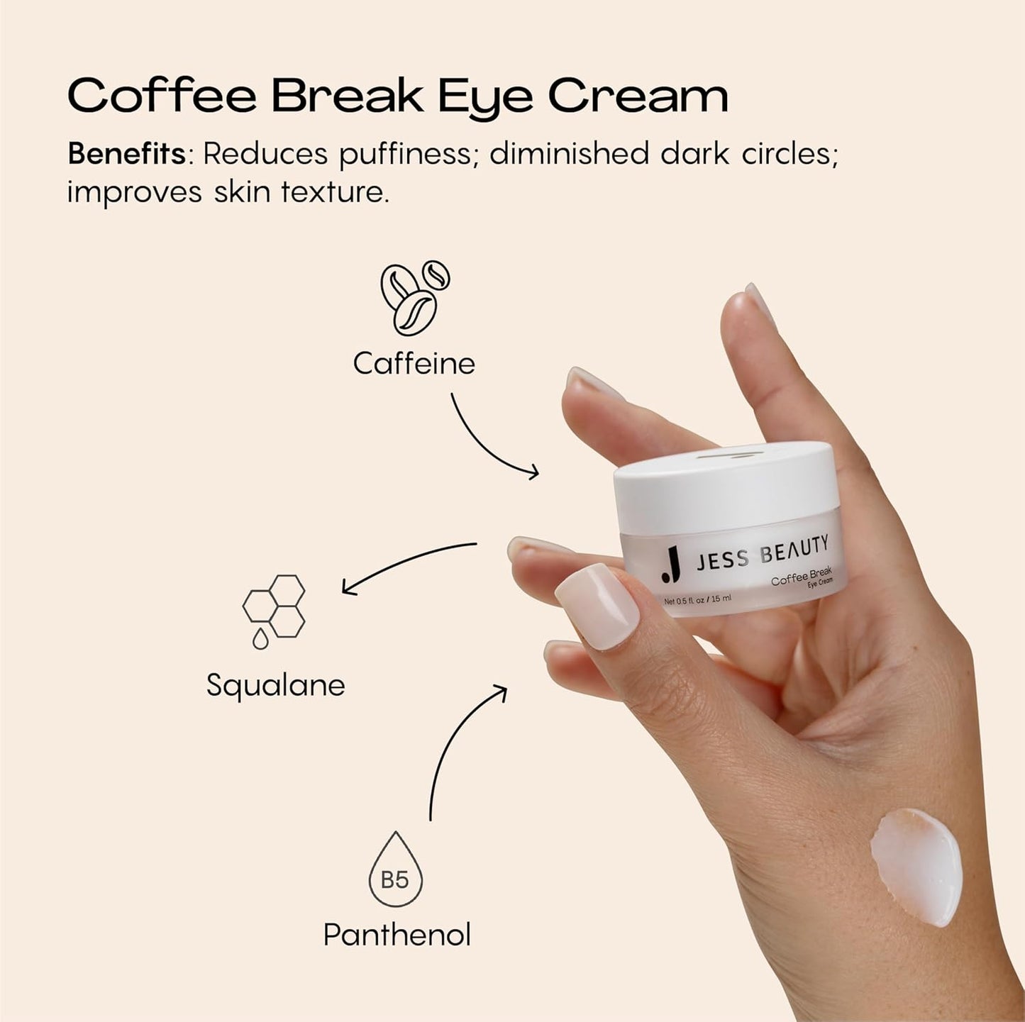 JESS BEAUTY | Coffee Break Eye Cream with 1% Caffeine, Squalane and Panthenol I Beauty and Self Care - Korean Beauty Eye Contour 0.5 fl. oz