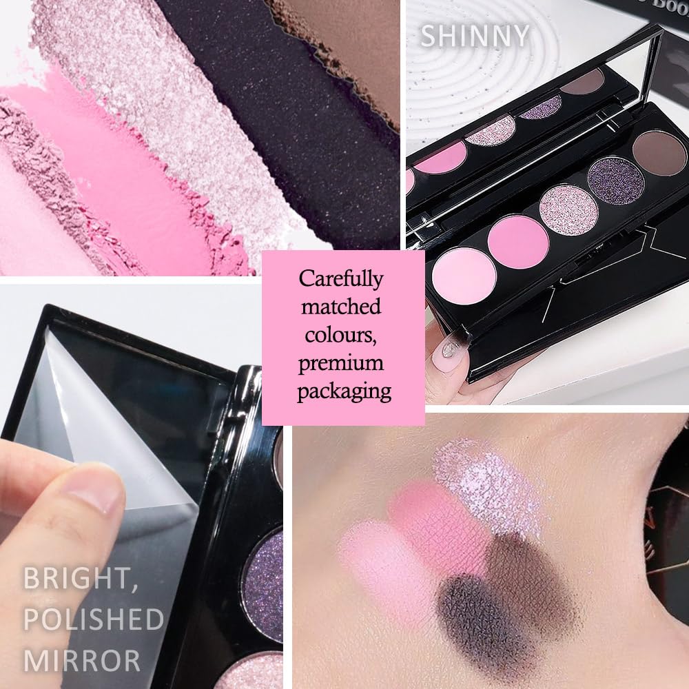 Pink Black Brown 5Colors Eye Shadow Palette Makeup with Mirror,Neutral Vegan Eyeshadow Palette for Older Women Waterproof Long Lasting Naturing-Looking sombras para ojos,Cruelty Free
