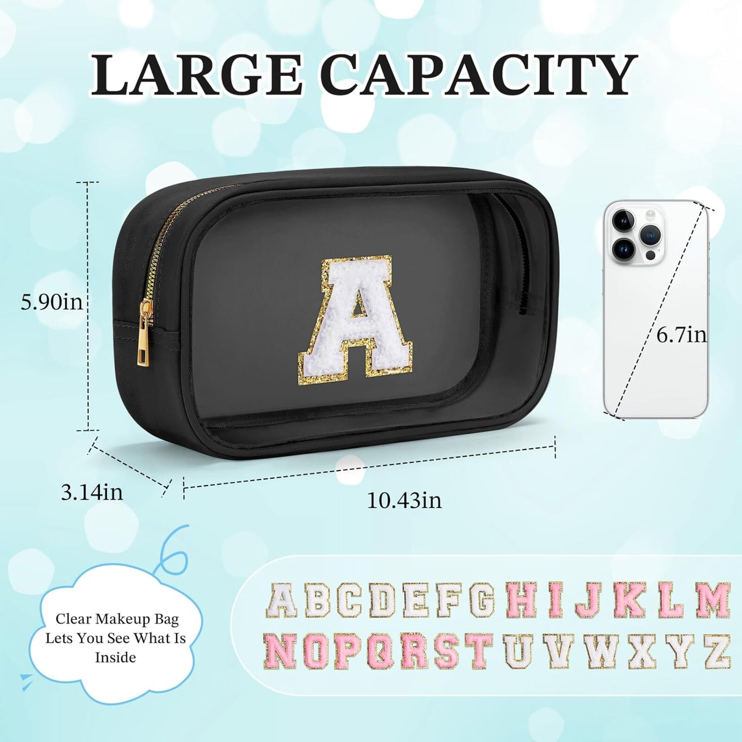 YOOLIFE Initial Make Up Bag Travel Toiletry Bag for Women, Clear Makeup Bag Organizer Cosmetic Bags Travel Essentials Gifts for Women Teen Girlfriend Teacher Mom Birthday Mothers Day Gifts Black E