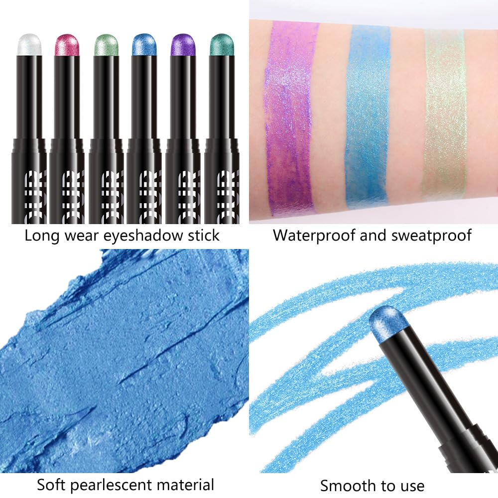 Dazzling Blue Shimmer Cream Eye Shadow Stick Makeup for Women, Blue Shimmer Matte Eye Shadow Brightener Stick for Eyes, Waterproof Eyeshadow Pencil Applicator Blendable for Eye Highlight 22