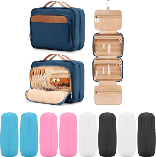 Travel Hanging Toiletry Bag for Women, Large Makeup Bag 8 Leak Proofing Silicone Bottle Covers, Waterproof Cosmetic Bag with Jewelry Organizer Compartment, Toiletries Kit Set, Navy Blue