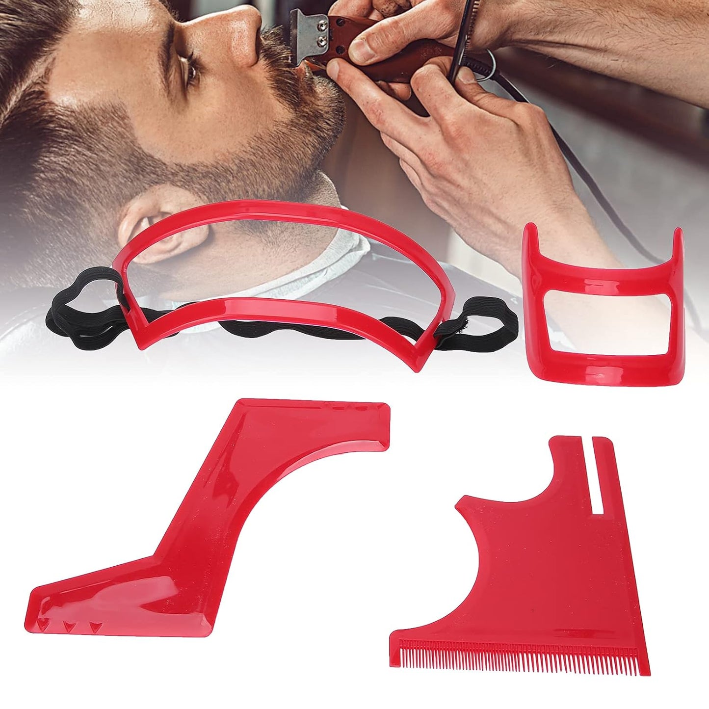 Beard Shaper Tool Kit for Beard Shaping & Styling with inbuilt Comb, Beard Styling Cutting Hairline Grooming Red Plastic Beard Template Set Shape Beard Lines, Beard Lineup