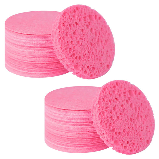100-Count Facial Sponges Compressed Natural Cellulose Sponge Round Shape Face Sponge for Face Cleansing Exfoliating and Makeup Removal, Pink