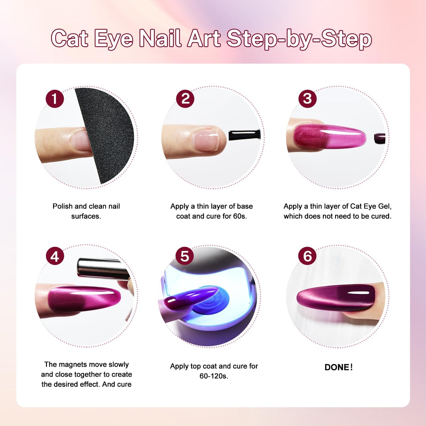 JODSONE 10ml Cat Eye Gel Nail Polish Set Purple Red Sliver Collection 6 Colors for Holographic Glitter Cat Eye with Magnet at Home DIY Design Gift for Girls