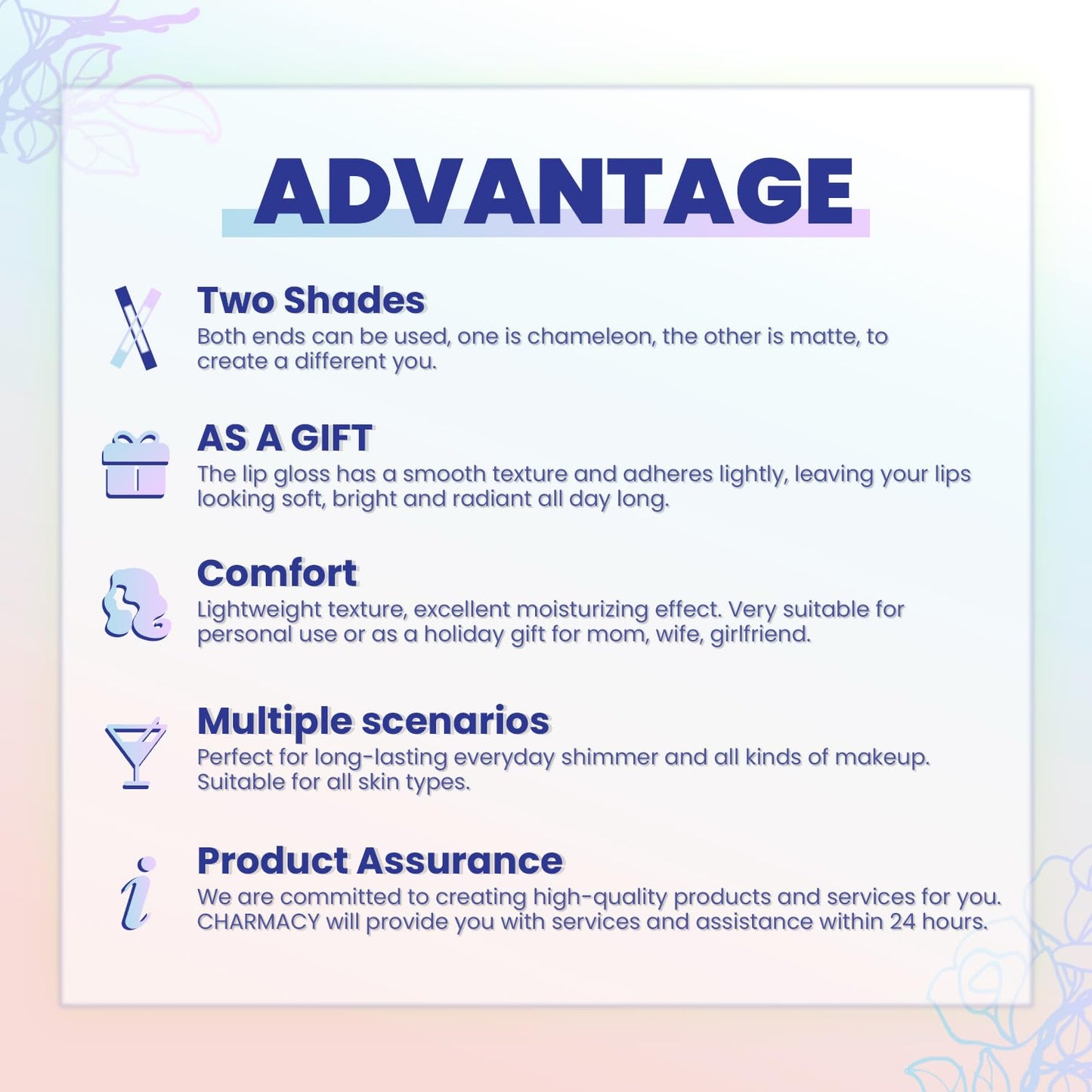 CHARMACY 2 In 1 Multichrome Moisturizing Lip Gloss, Double Head Liquid Lipstick, Mirror Waterproof Long Lasting No Fading Lip Balm, Hydrating Lip Plumper Waterlight Glossy Makeup #005