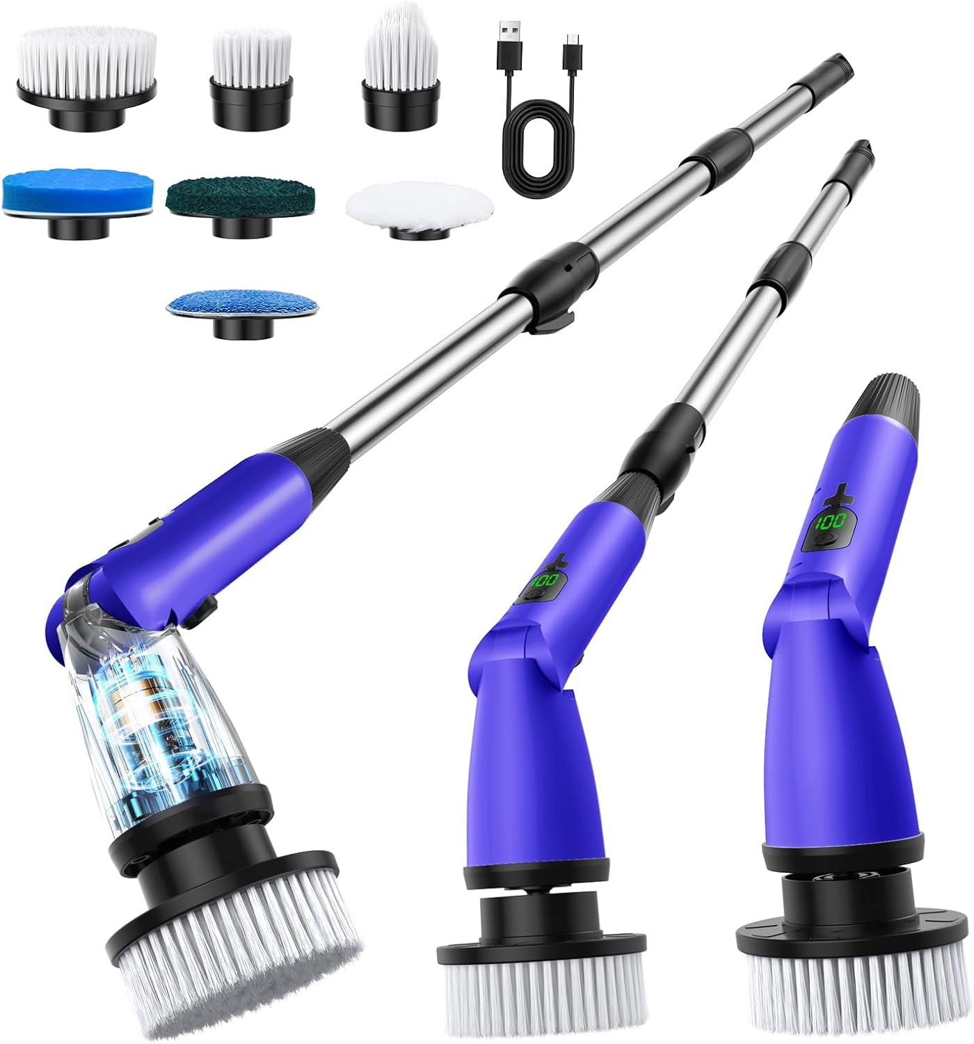 11 in 1 Electric Spin Scrubber Cordless Cleaning Brush 3 Adjustable Angles 2 Adjustable Speeds LED Display Shower Cleaner Brush Supplies Extension Long Handle for Bathroom Floor Tile Toilet Waterproof