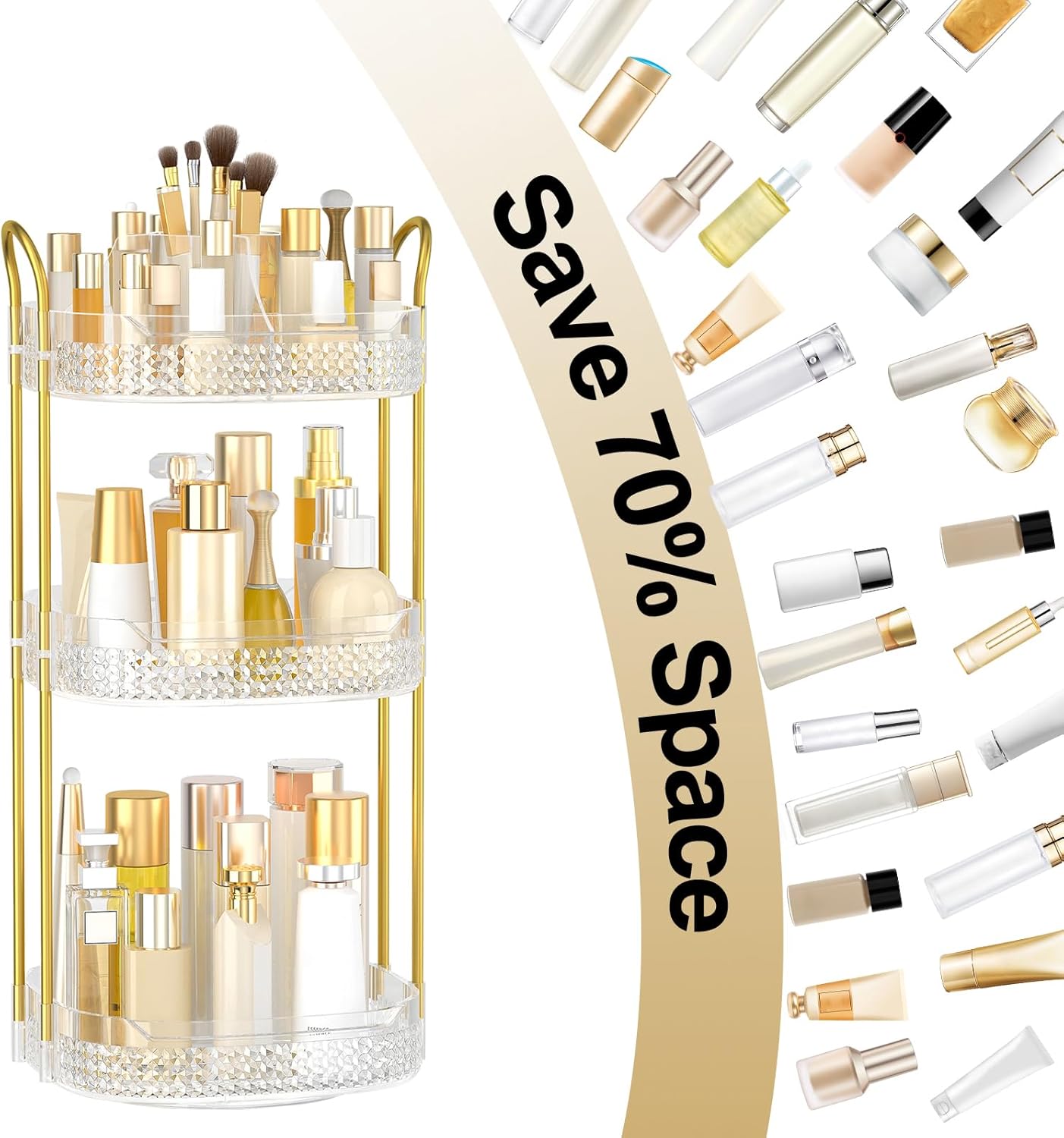 Rotating Makeup Organizer for Vanity 3 Tier, Perfume Organizer with Makeup Brush Holder, Large Capacity Cosmetics Clear Skincare Organizer for Countertop (Transparent)