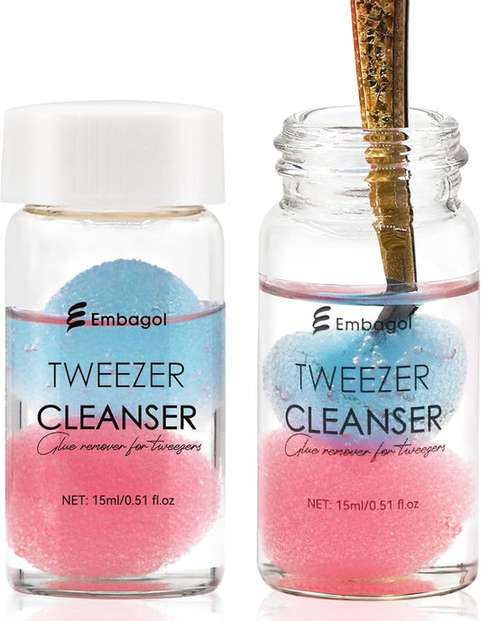 2 Bottles Tweezer Cleanser for Eyelash Extensions Tweezers Glue Remover Liquid for Lash Tools with 2 Spongeballs(2 Bottles Cleanser)