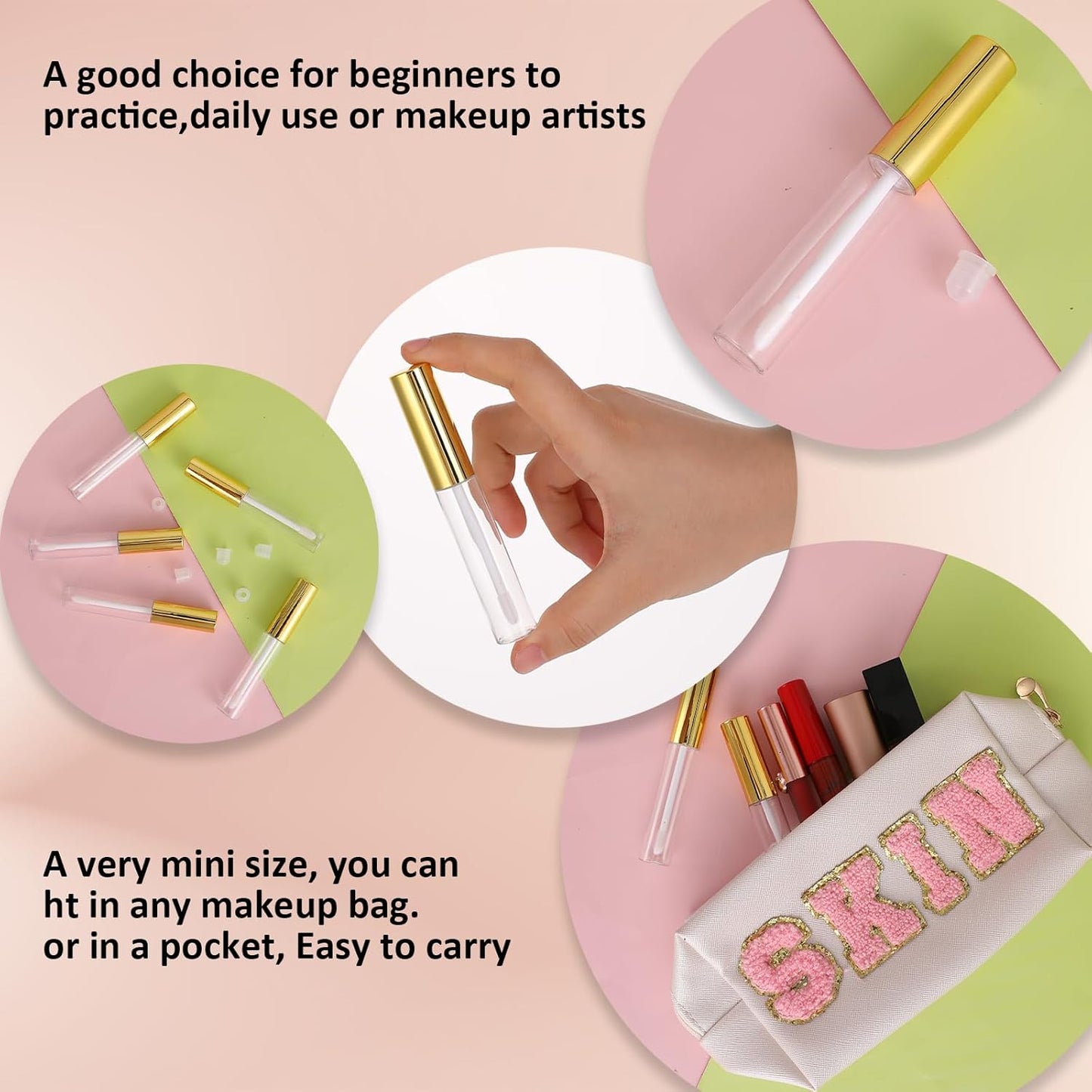 Molain 5PCS Empty Lip Gloss Tubes, 10ml Refillable Cosmetic Containers Bottles Lip Balm Bottles with Wand Concealer for Lipstick Samples, Lip Balms(Gold tube cap)