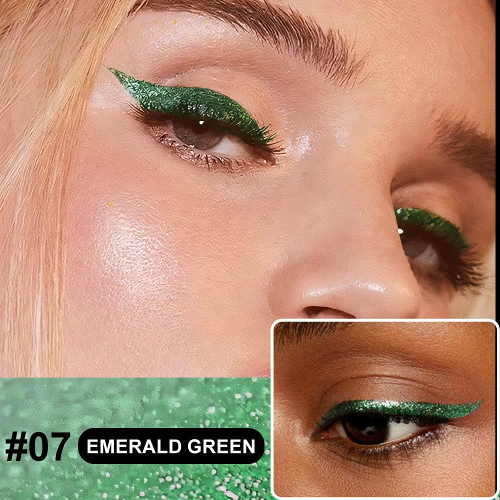 Emerald Green Metallic Glitter Liquid Eyeliner Pen – Long-Lasting Sparkly Waterproof Eyeliner for Women & Men – Tattoo-Effect Eye Makeup for Parties – Delineador Líquido con Brillo 07