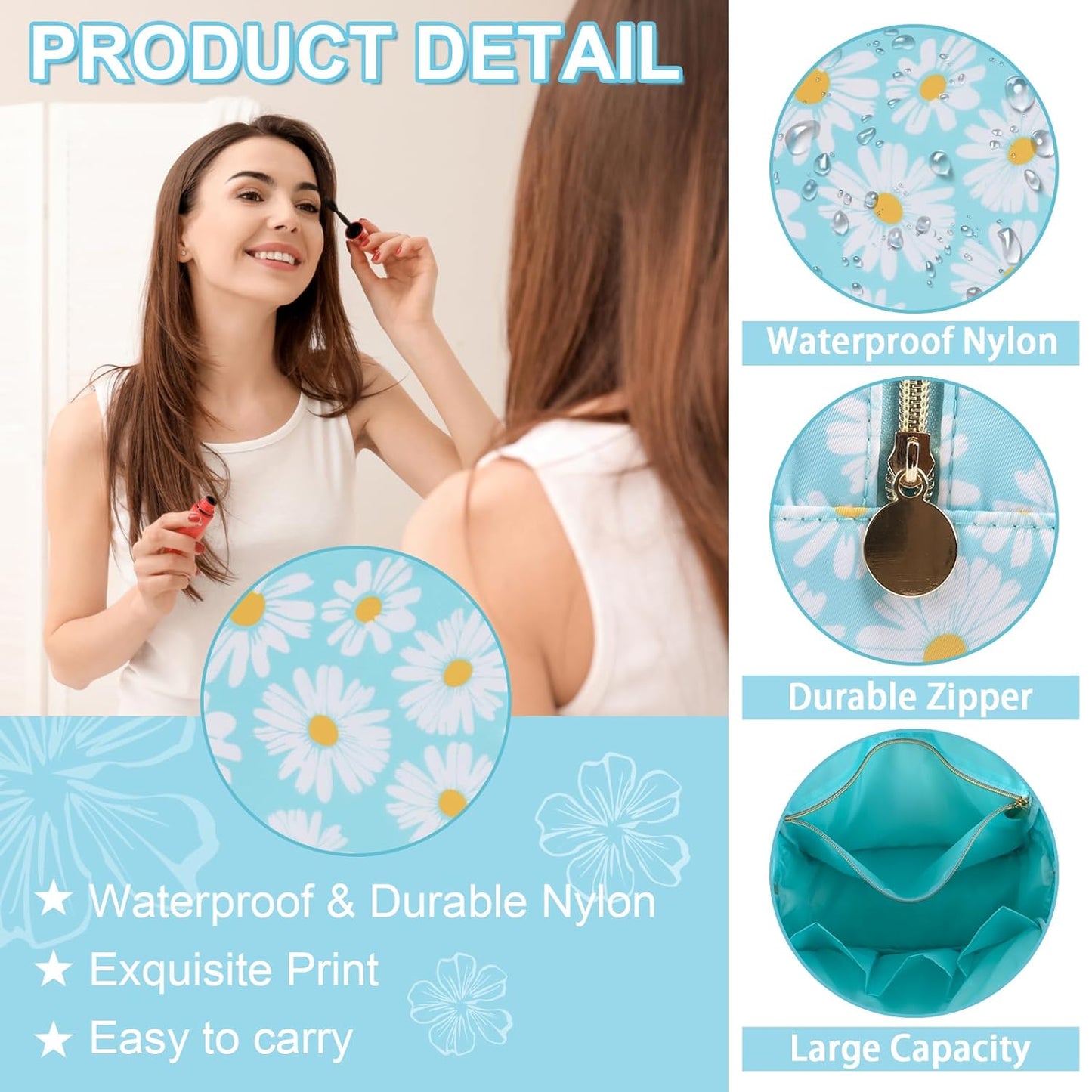 Waterproof Large Floral Makeup Pouch,Nylon Travel Toiletry Storage Purse Preppy Cosmetic Bag for Women Girl,Large Capacity Makeup Organizer Zipper Pouch for Work(L Blue-Daisy)