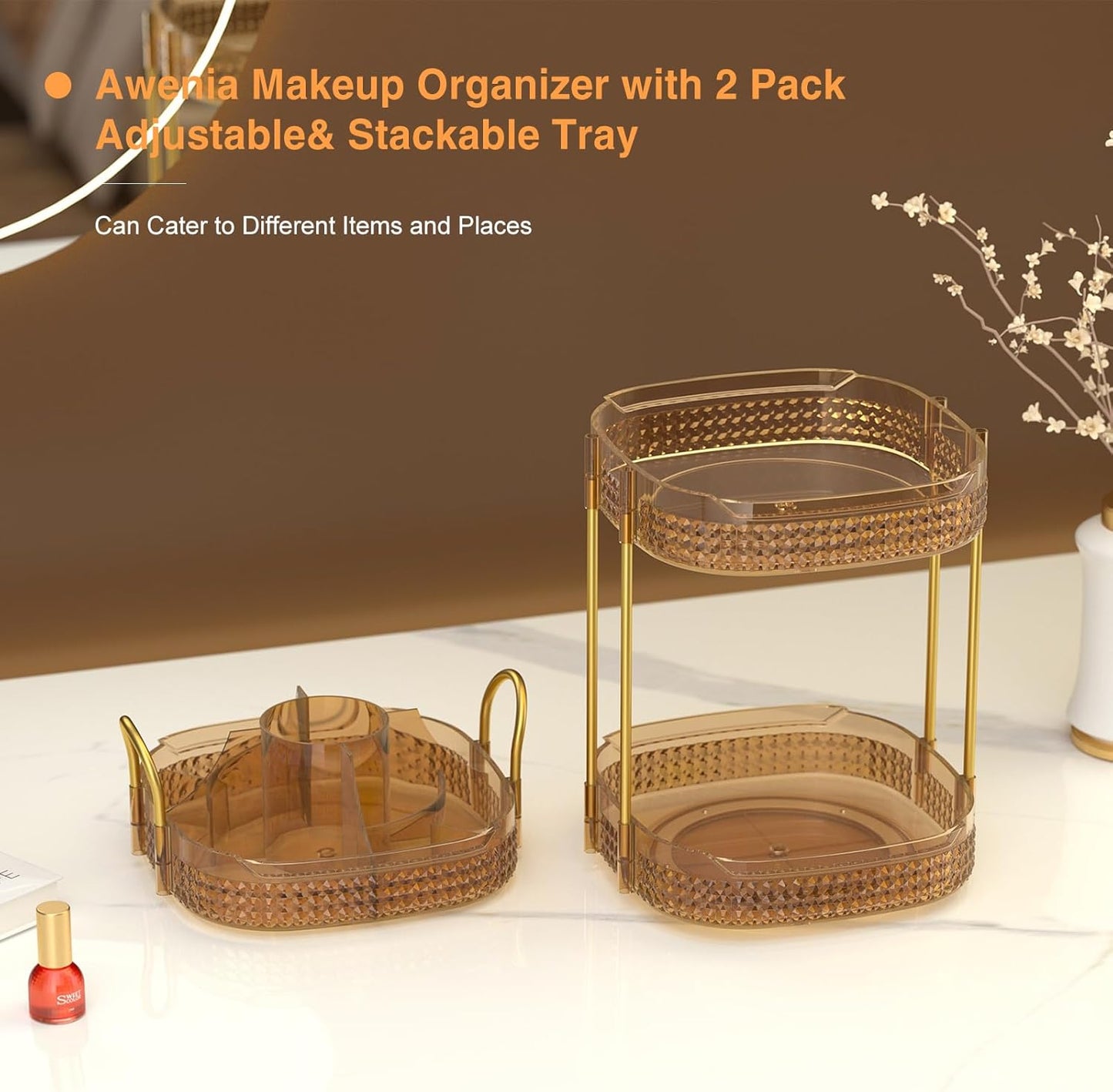 Awenia Rotating Makeup Organizer 360, Stackable Adjustable Large Capacity Cosmetic Storage Unit,Dresser Bathroom Kitchen Countertop Organizer with Metal Handle, Plus Size (Honorable Gold, 3 Tier)