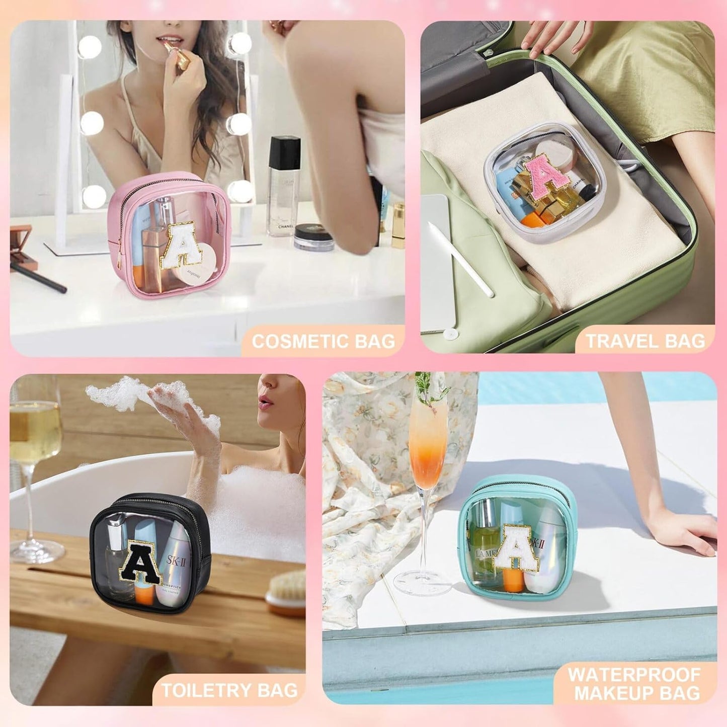 YOOLIFE Initial Make Up Bag Travel Toiletry Bag, Clear Makeup Bag Preppy Cosmetic Bags Organizer Travel Essentials Gifts for Women Teen Girlfriend Teacher Mom Birthday Mothers Day Gifts White M