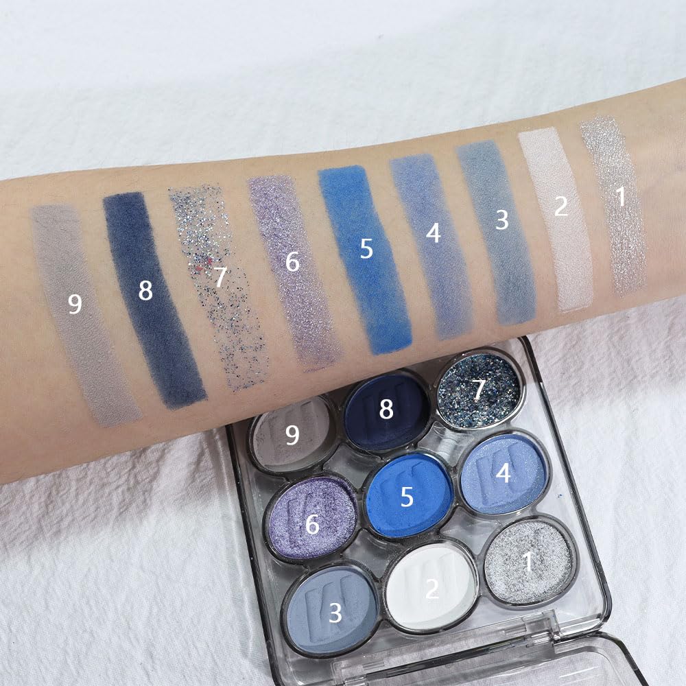 9 Colors Blue Silver Matte Shimmer Eyeshadow Palette for Eye Makeup,High Pigmented White Gray Eye Shadow Primers Powder Palet de sombras de ojos