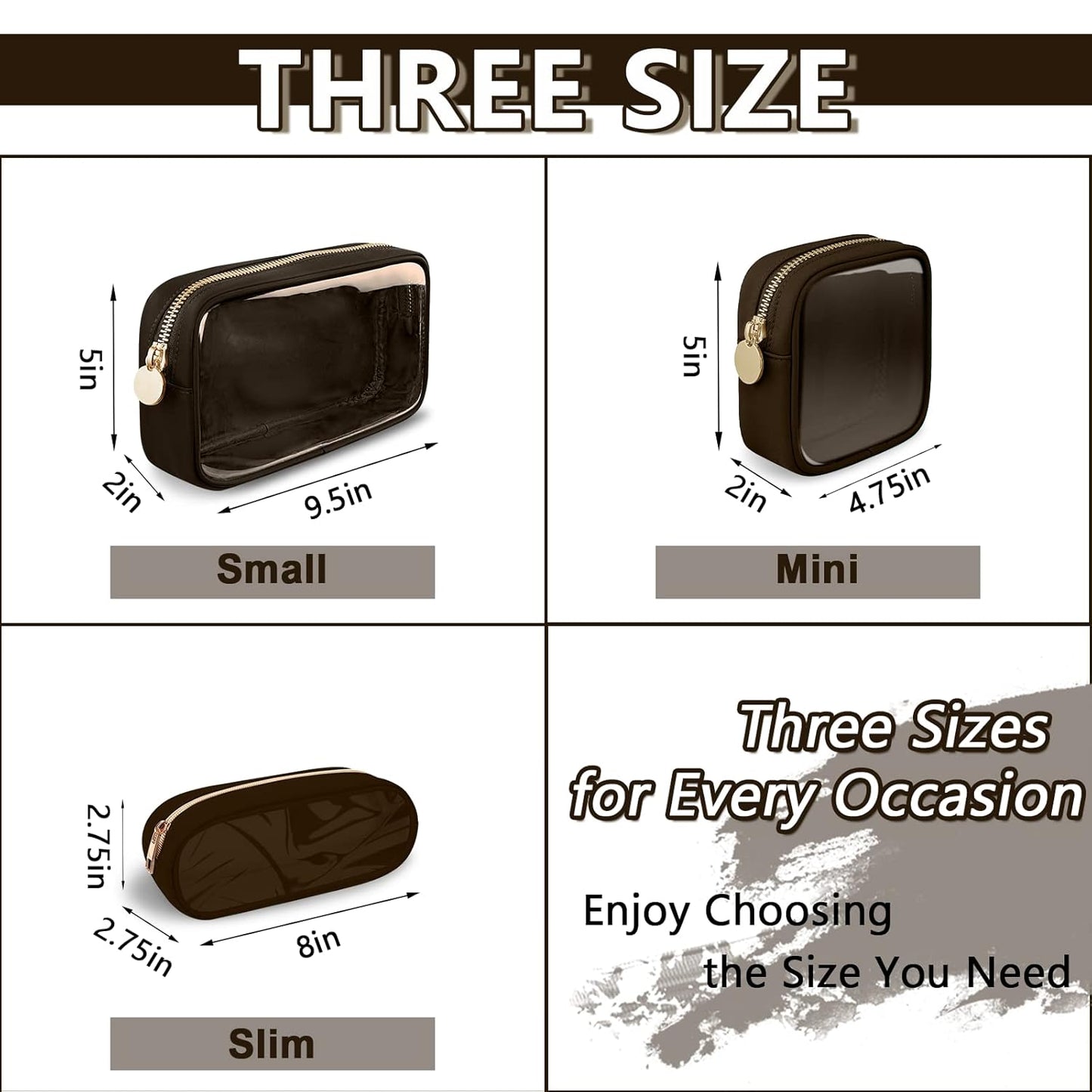 Clear Mini Makeup Bag for Purse, Small Nylon&PVC Cosmetic Travel Bag TSA Approved Toiletry Bag with Zipper, Preppy Transparent Makeup Travel Bag Coin Purse for Women Men Girls(Mini-Chocolate)