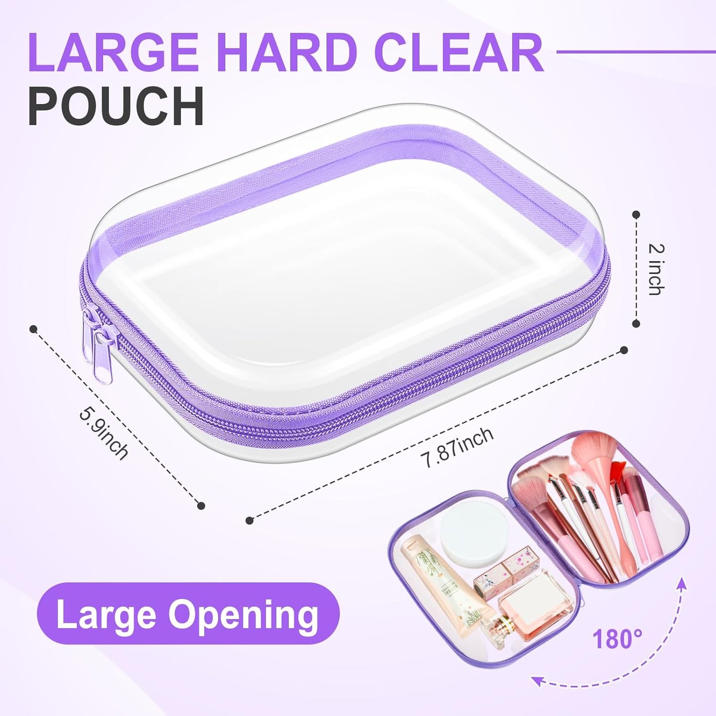 Sanwuta 6 Pcs Clear Hard Zipper Case Pencil Pouches Hard Plastic Zipper Pouches Makeup Bag Transparent Cases for Snacks Plastic Storage Organizer Box for Travel(Purple,7.87 x 5.9 x 2 Inch)