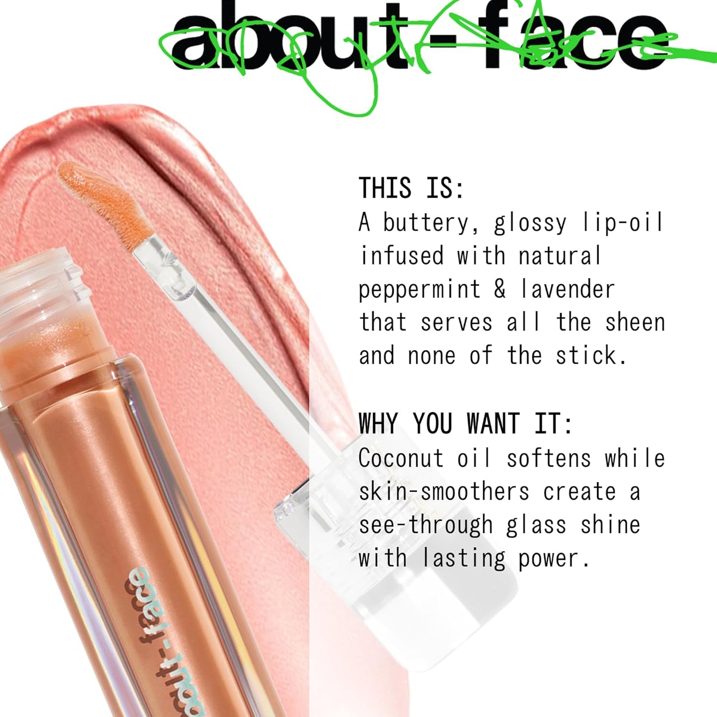 about-face Light Lock Lip Gloss Such Great Heights – Non-Sticky, High-Shine Lip Oil Gloss with Coconut Oil, Peppermint & Lavender – Vegan, Cruelty-Free, Clean Beauty – 0.21 oz (Shimmering Pale Peach)