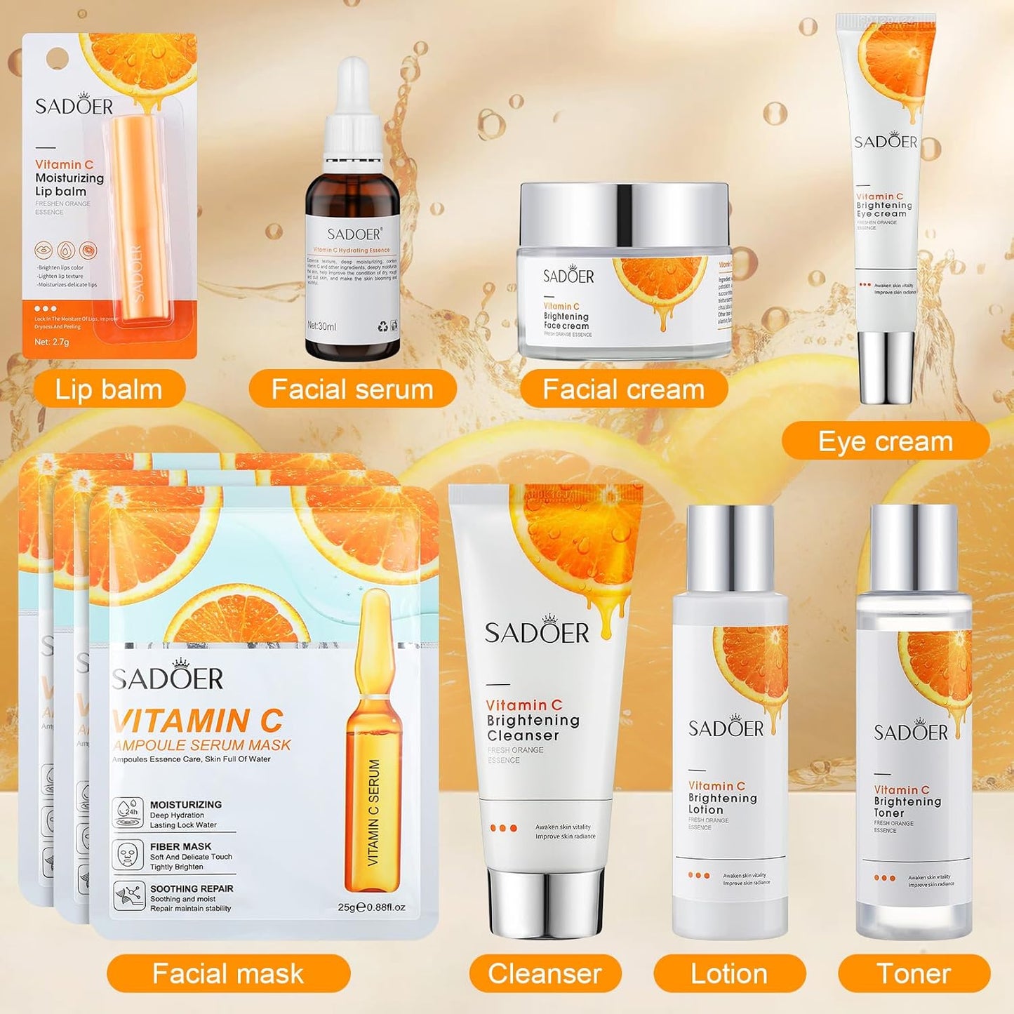 10 Pcs Skin Care Sets Face Care Set for Women Includes 1 Pcs Cleanser, Toner, Lotion, Eye Cream, Serum, Face Cream, Lip Balm and 3 Facial Masks Skincare Gift for Girls (Vitamin C)