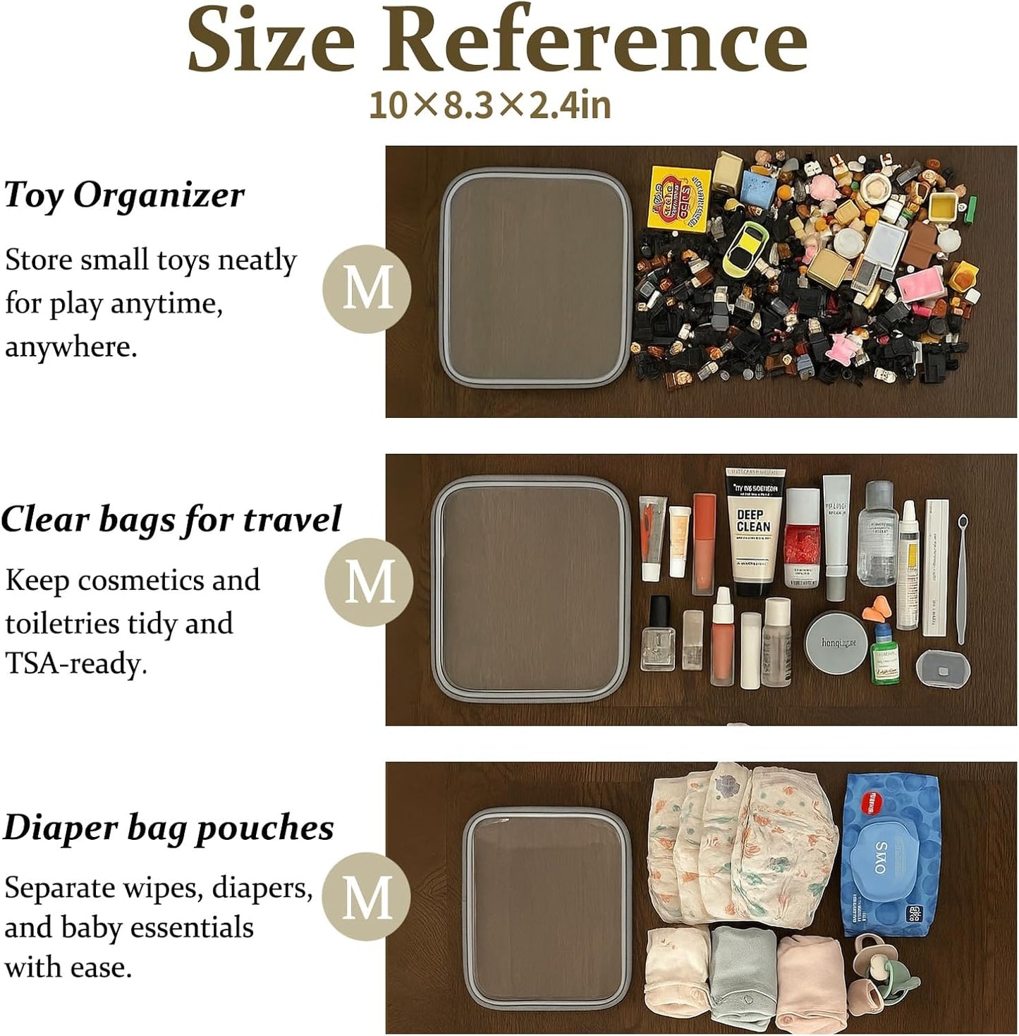 4 pcs Clear Zipper Pouches,Hard Shell Zipper Case, Toiletry Bag for Travel, CLear Diaper Bag, Toiletry Pouch, Travel Organizer, Clear Cosmetic Bag,Toy Storage Bins (M+3S) (Gray)