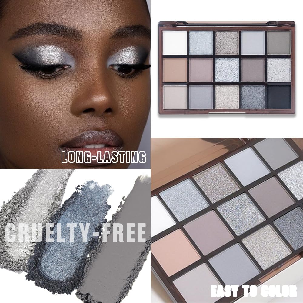 Smokey Black Eye Shadow Makeup Palette,15 Colors Gray Silver Dark Shimmer Matte Makeup Pallet,Long Lasting Waterproof Blendable for Daily and Halloween,Vegan,Cruelty -free