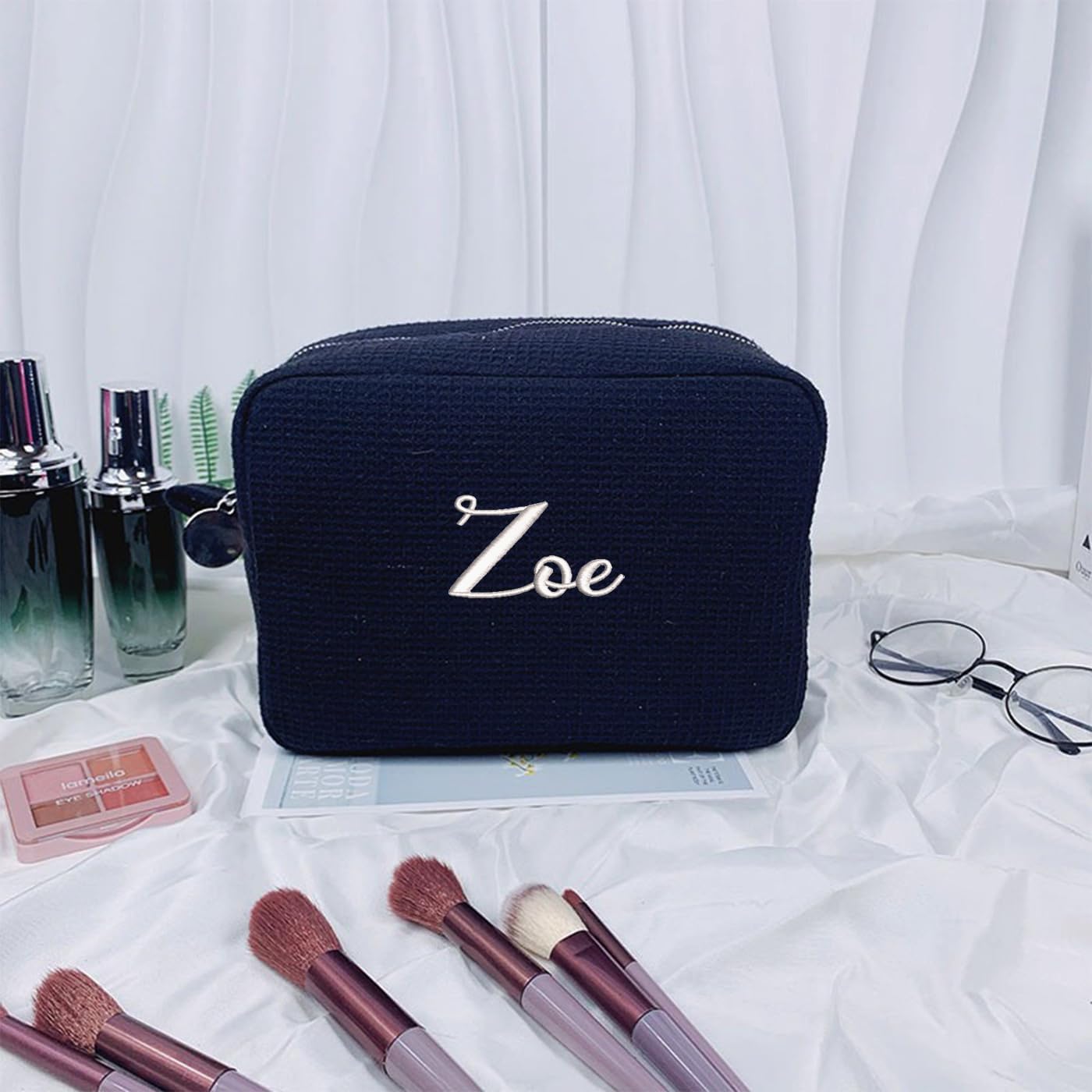 GOPHIE Personalized Embroidered Makeup Bag,Custom Waffle Fabric Cosmetic Pouch for Women, Travel Makeup Pouch (6, Black)