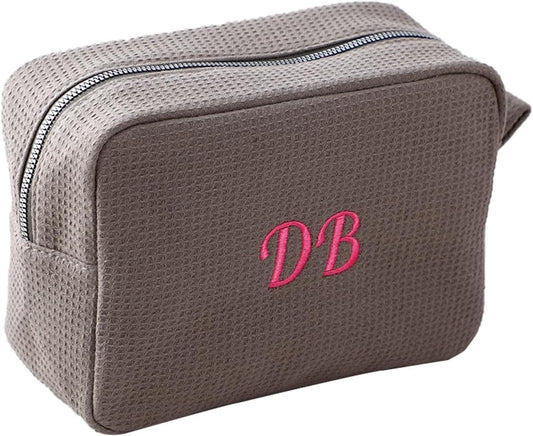 Personalized Embroidered Makeup Bag,Custom Waffle Fabric Cosmetic Pouch for Women, Travel Makeup Pouch (1, Gray)