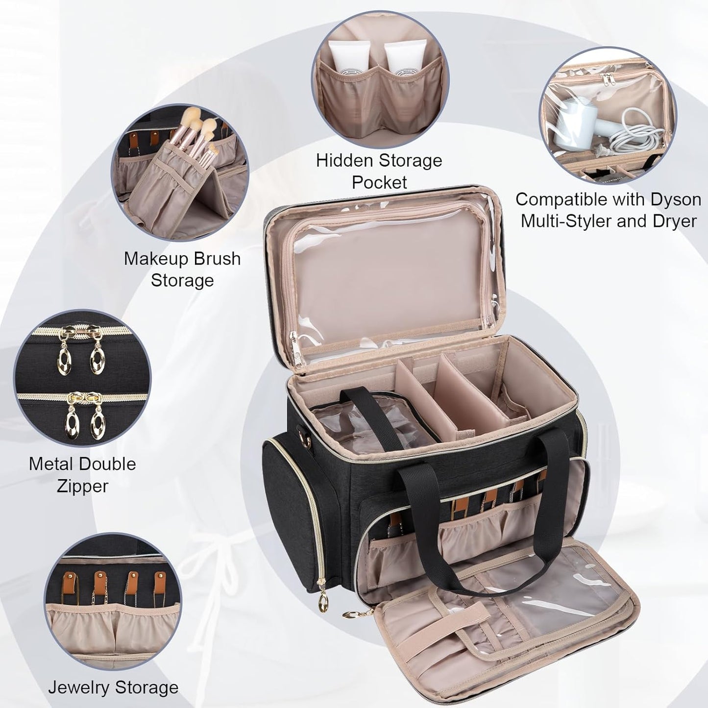 Large Makeup Bag, Portable Travel Makeup Bag Organizer for Women Girls with 2 Removable Pouches & Detachable Dividers, Cosmetic Travel Bag, Toiletry Bag for Makeup and Hair Supplies Black