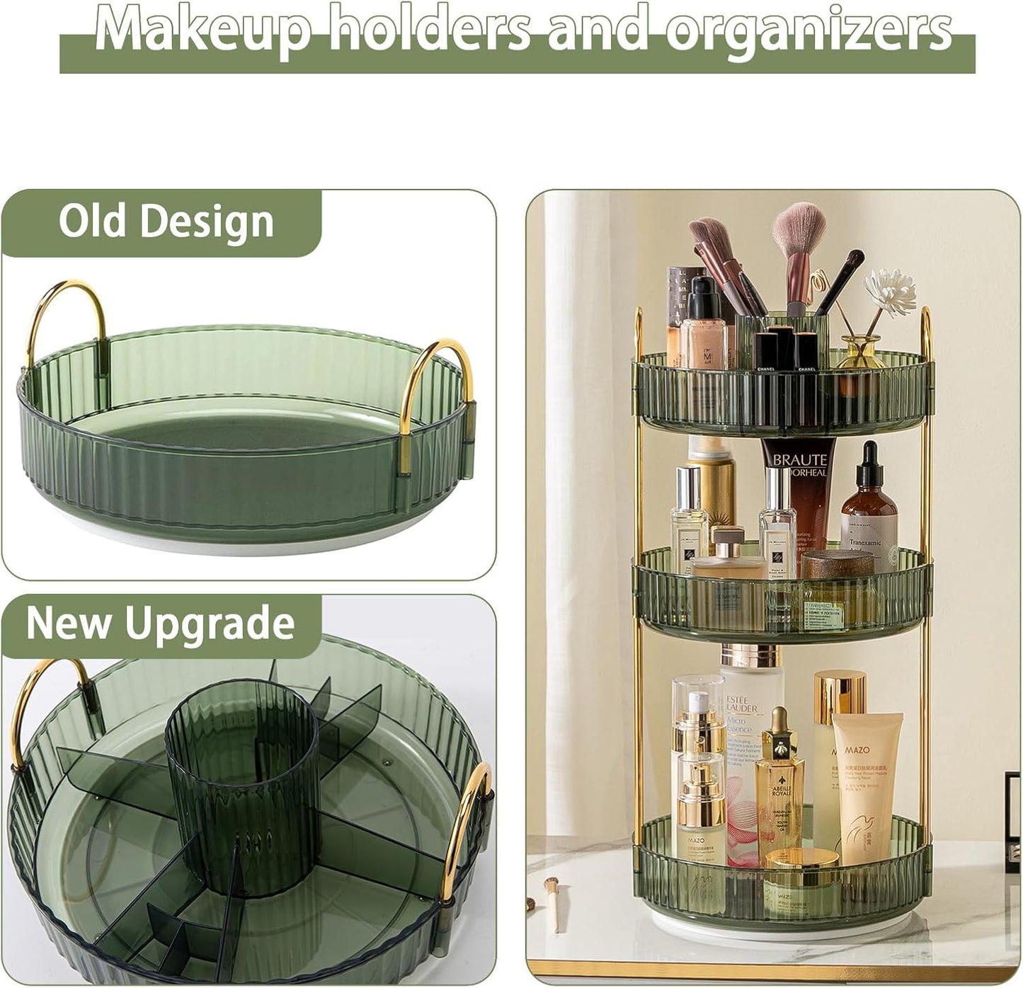 Rotating Makeup Organizer for Vanity, High-Capacity Skincare Clear Make Up Storage Perfume Organizers Cosmetic Dresser Organizer Countertop 360 Spinning (Green, New-3 Tier)