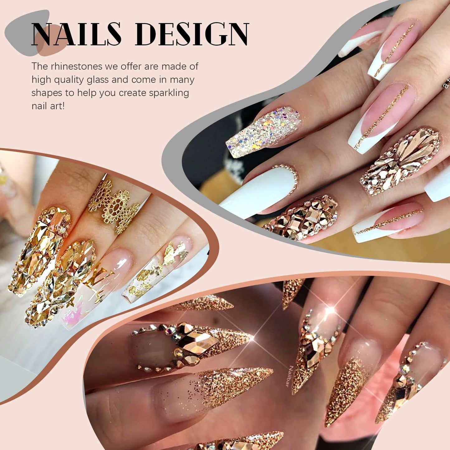 1680Pcs Mineral Gold Glass Nail Rhinestones 180Pcs Multi Shapes Flatback Nail Gems + 1500Pcs 1.5-4mm Round Crystal with Rhinestones Glue Gel, Manicure Nail Charms Diamond Gemstone for Nail Art