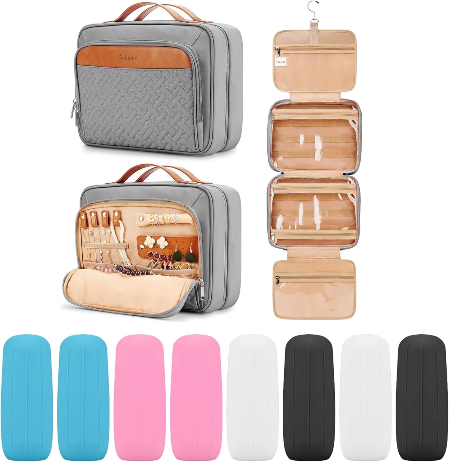 Travel Hanging Toiletry Bag for Women, Large Makeup Bag 8 Leak Proofing Silicone Bottle Covers, Waterproof Cosmetic Bag with Jewelry Organizer Compartment, Toiletries Kit Set, Grey