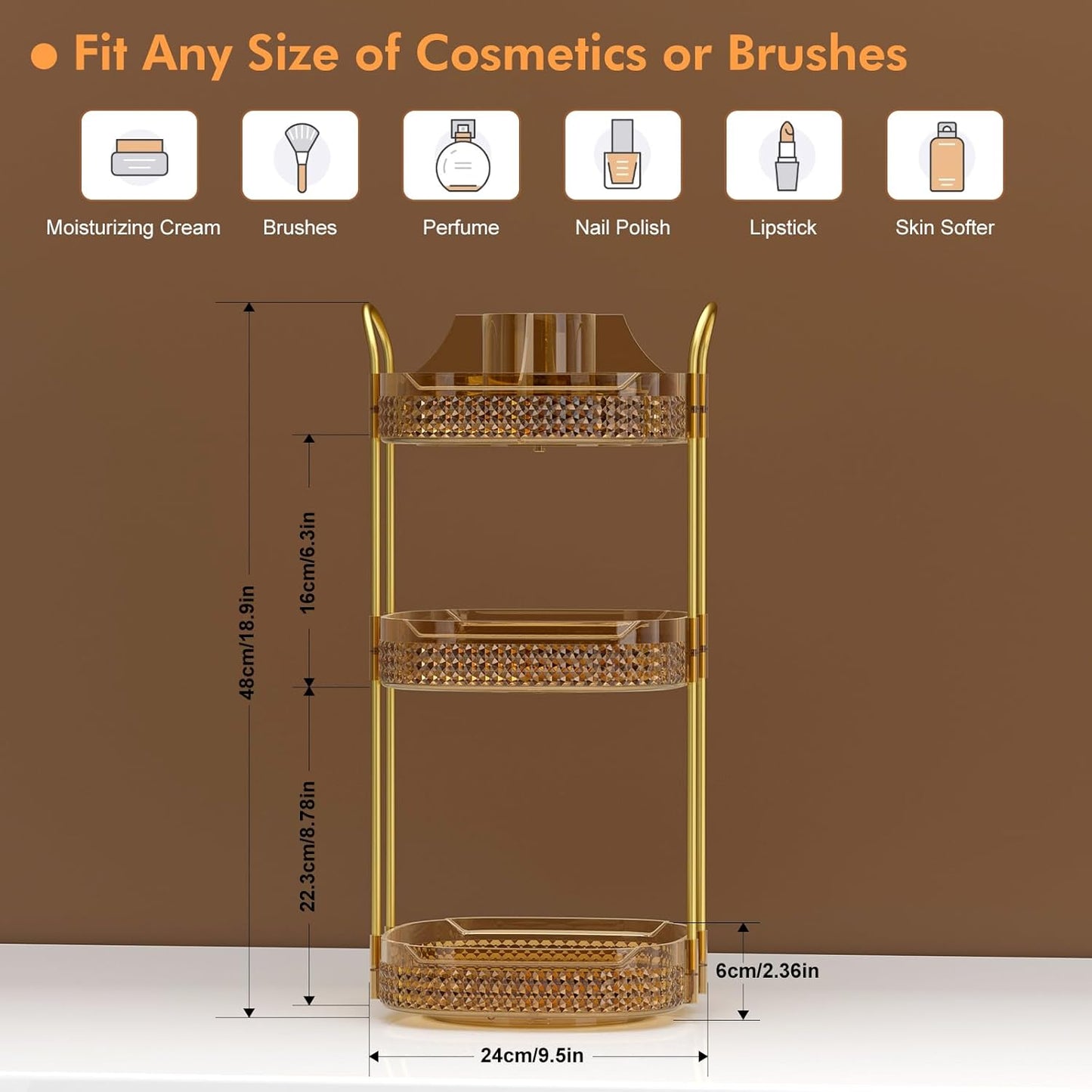 Awenia Rotating Makeup Organizer 360, Stackable Adjustable Large Capacity Cosmetic Storage Unit,Dresser Bathroom Kitchen Countertop Organizer with Metal Handle, Plus Size (Honorable Gold, 3 Tier)