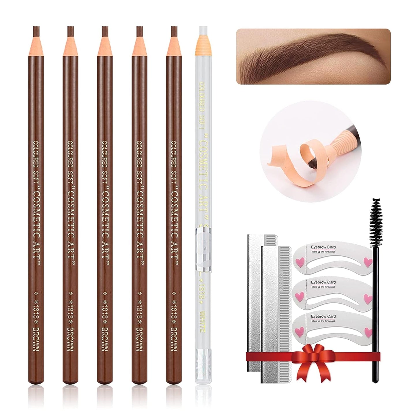 Waterproof Eye-Brow Pen-cil Set, Pull Cord Peel-off Eyebrow Pencil Microblading Pen Supplies Kit, White Eye-Liner Pencil and Eyebrows Tool Tattoo Makeup For Marking (5+1 Brown)