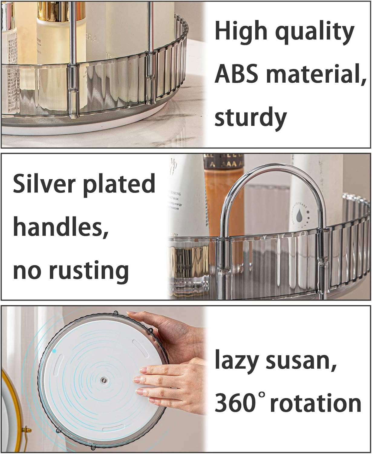 Rotating Makeup Organizer for Vanity, High-Capacity Skincare Clear Make Up Storage Perfume Organizers Cosmetic Dresser Organizer Countertop 360 Spinning (Gray, 3 Tier)