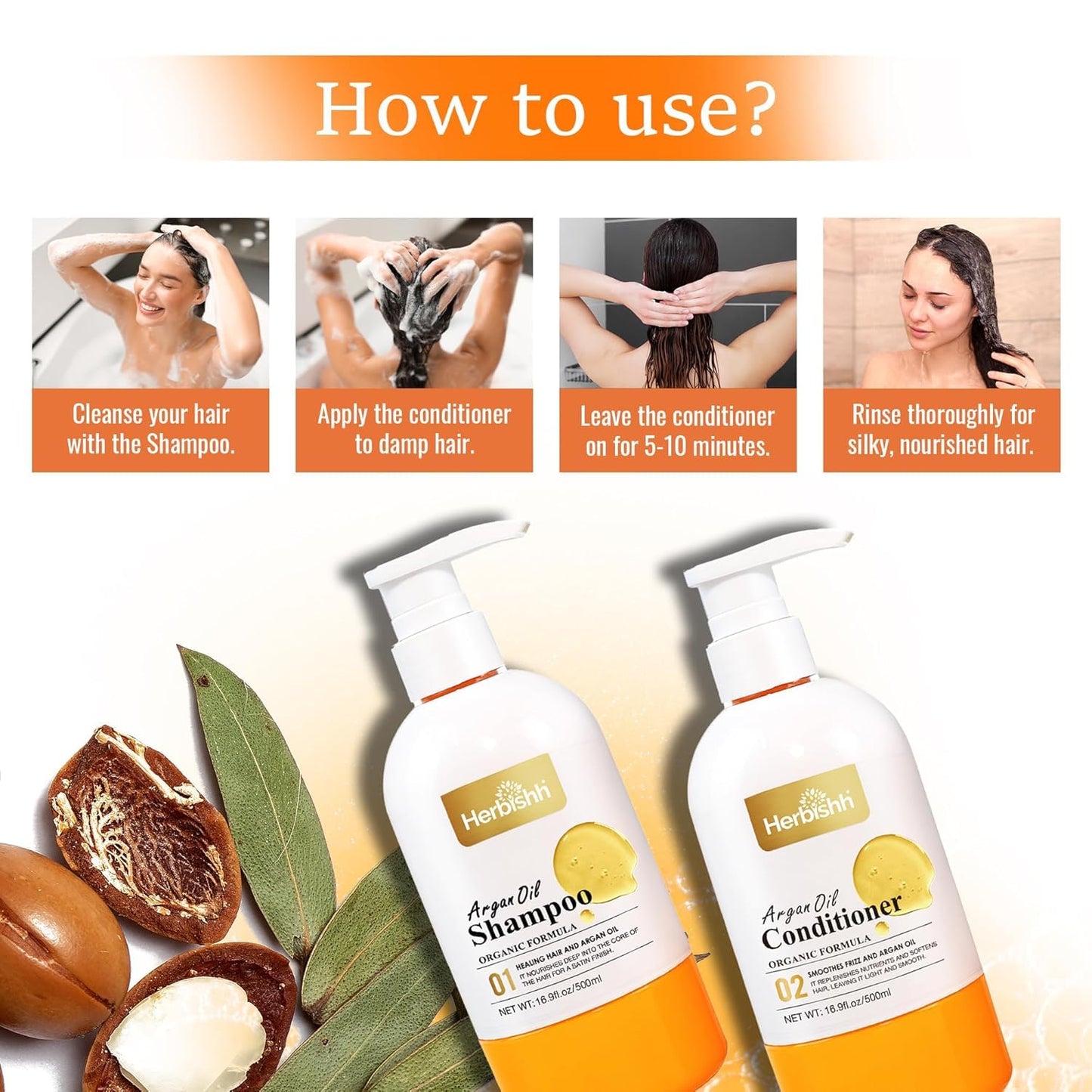 Herbishh Argan Hair Mask (150ml) + Argan Oil Shampoo & Conditioner (16.9 fl.oz Each) Hair Care Set – Deep Cleansing & Hydration, Ideal for Repairing Dry, Frizzy & Colored Hair – Sulfate & Paraben Free