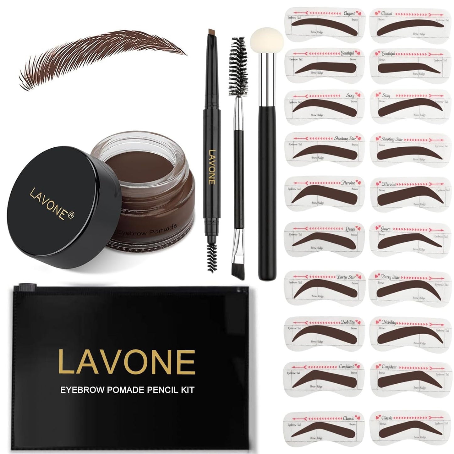 LAVONE Eyebrow Stamp Stencil Kit - Brow Stamp Trio with Waterproof Pencil, Pomade, 20 Stencils, Dual-ended Brush and Sponge Applicator - Espresso