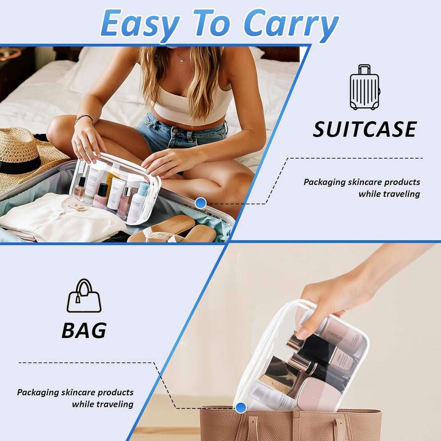 Clear Makeup Bags Plastic Cosmetic Bag TAS Toiletry Bag for Travelling PVC Clear Pouch Organizer Bag for Women (4, white, Multisize)