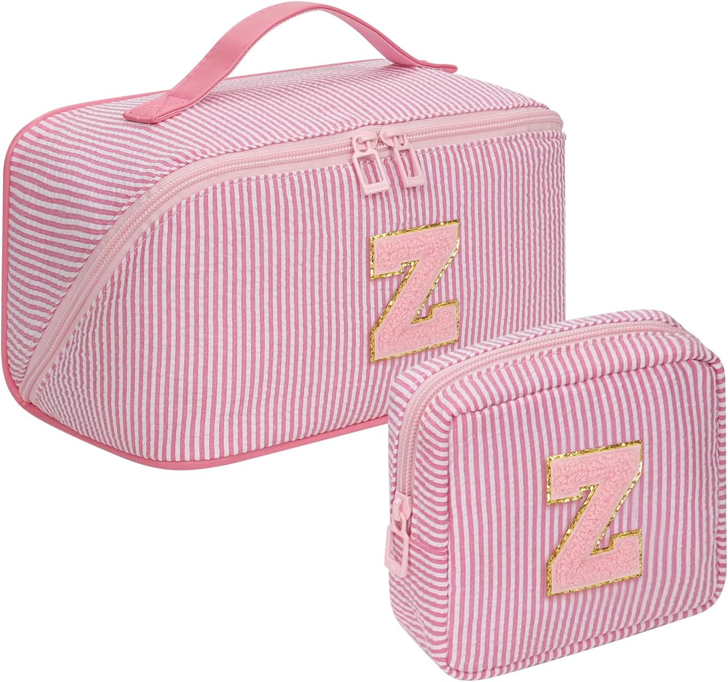 Travel Makeup Bag for Women, 2Pcs Portable Personalized Initial Makeup Organizer Bag, Open Flat Large Cosmetic Bag With Travel Essential Pouch (Pink Letter Z)