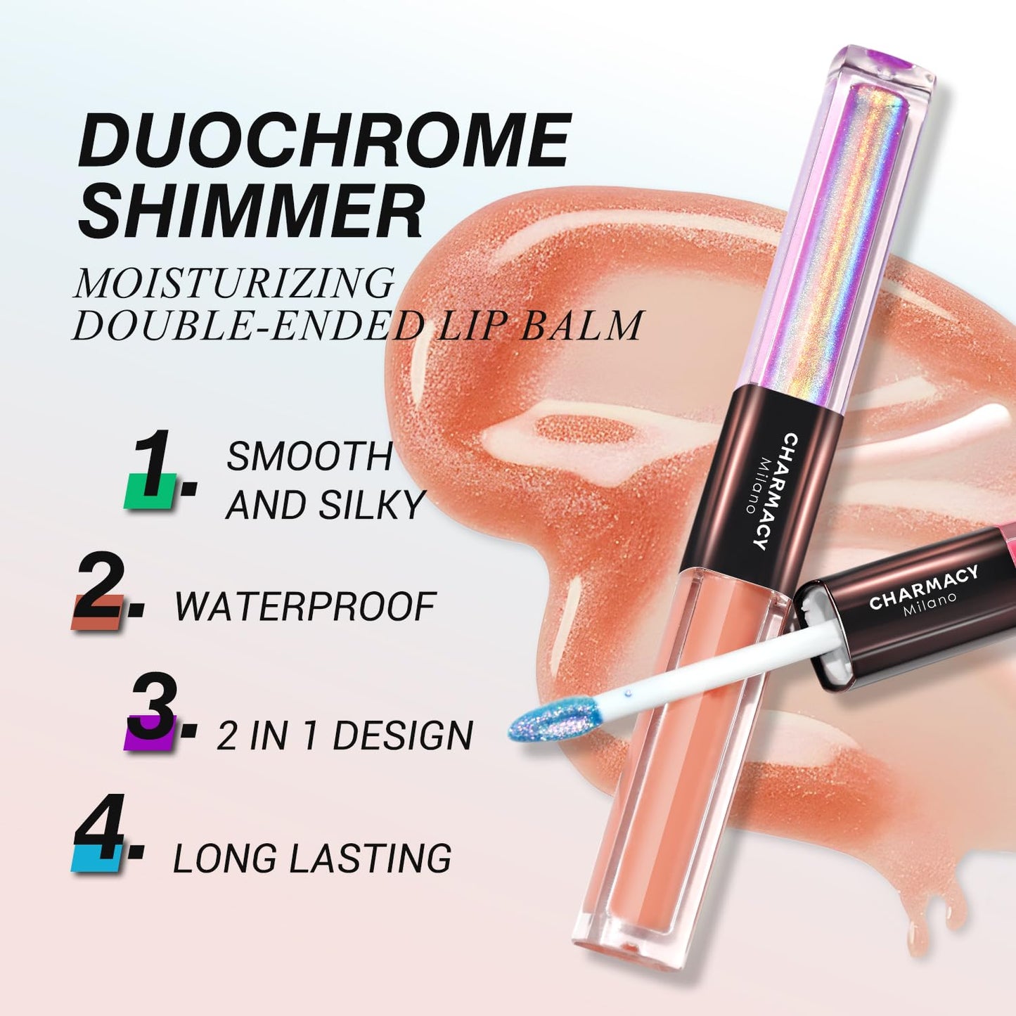 CHARMACY 2 In 1 Multichrome Moisturizing Lip Gloss, Double Head Liquid Lipstick, Mirror Waterproof Long Lasting No Fading Lip Balm, Hydrating Lip Plumper Waterlight Glossy Makeup #004
