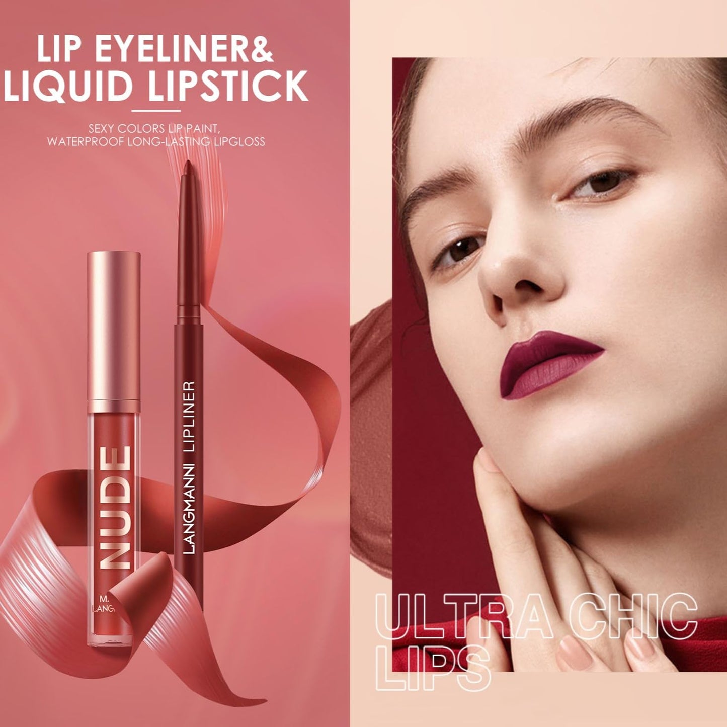 LANGMANNI 4pcs Matte Lipstick with Lipliners Durable Makeup Set,Long-Lasting Non-Stick Cup Not Fade Waterproof Pigmented Velvet Lipgloss Kit Beauty Cosmetics Makeup Gift for Girls(#1+2+8+11)