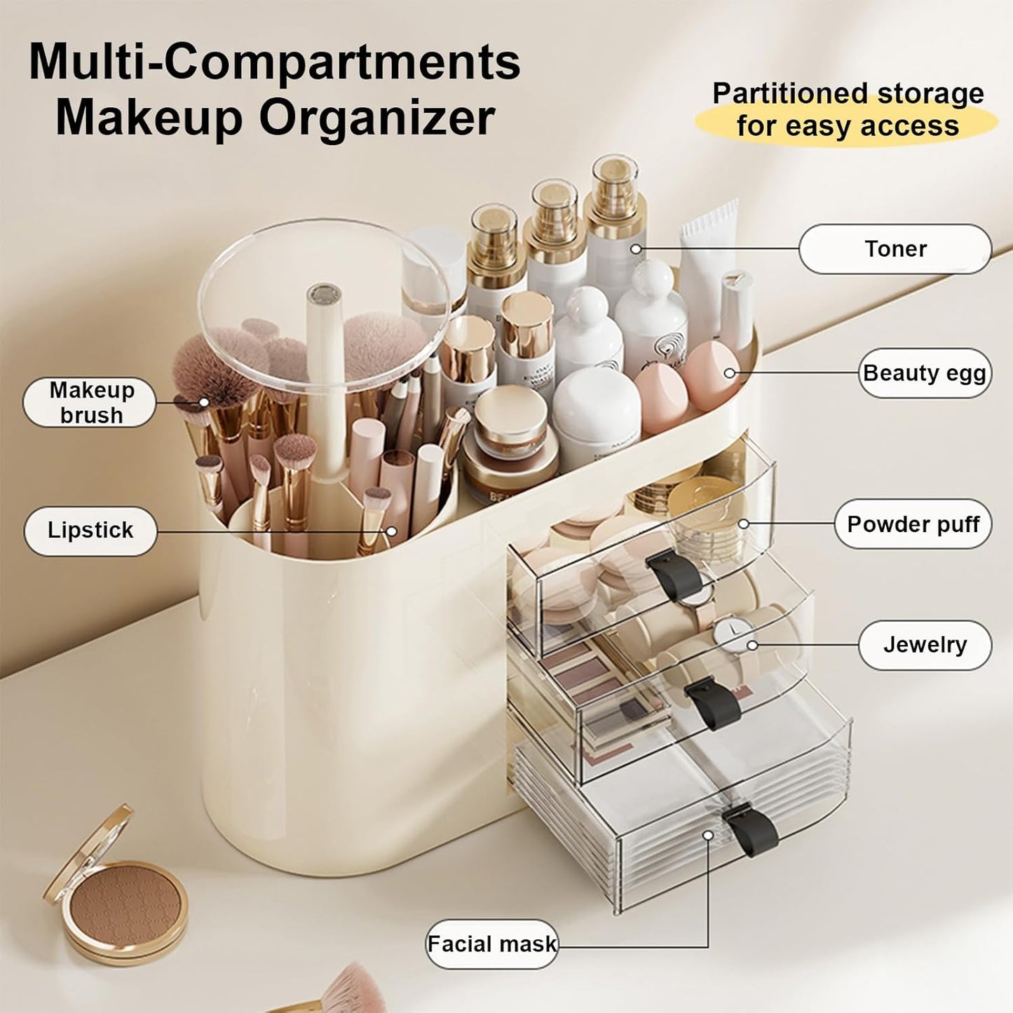 DASITON Makeup Organizer with 3 Drawers,Automatic Lifting Makeup Brush Holder with Lid,Large Capacity Makeup Organizers for Vanity,Bathroom Countertop,Ideal Storage Skin Care,Brushes,Lipstick (Cream)